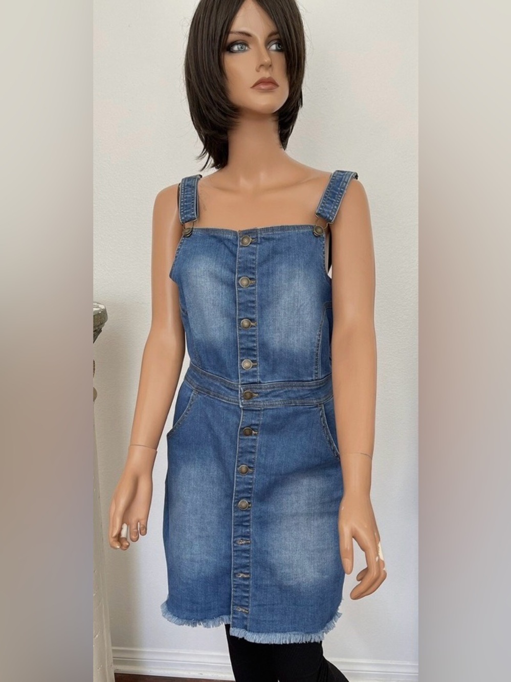 Wax Jean Button-Front Denim Pinafore Dress - Medium Blue